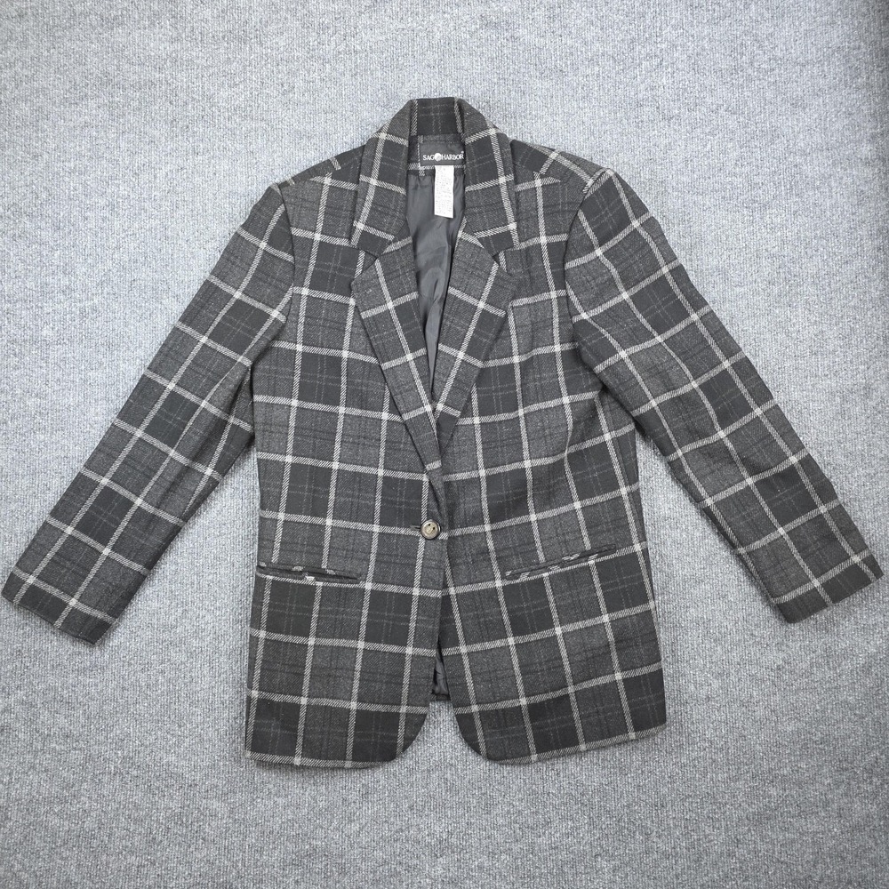 Sag Harbor Plaid Blazer Womens 8 Gray Wool Blend Workwear Career Dark Academia